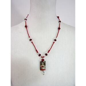 Red Bead Necklace 23" Boho Cottagecore‎ Retro Vintage Pendant Whimsical